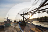 South East Asia, Thailand, Prachuap Kiri Khan, Khao San Roi Yot National Park, Sam Phraya Beach, fishing boats at sunset