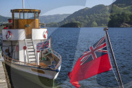 Steamer Raven at Glenridding Pier, Ullswater, Lake District National Park, Cumbria, England, United Kingdom, Europe