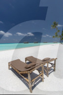 lounge chairs and tropical beach, water villas and palmtrees, Maldives