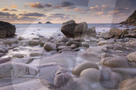 Porth Nanven cove and The Brisons, Cornwall, England. Winter (December) 2012.