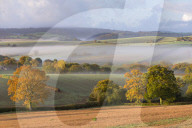 Misty morning over rolling autumnal countryside, Dartmoor, Devon, England. Autumn (October) 2015.