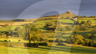 Brentor Church above rolling Dartmoor countryside, Devon, England. Summer (August) 2015.