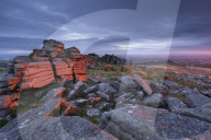 First light at sunrise glows against Belstone Tor, Dartmoor National Park, Devon, England, United Kingdom, Europe