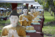 Buddha statues each planted alongside a Bo tree in Maha Bodhi Ta Htaung, 1000 great Bo trees, Monywa township, Sagaing Division.