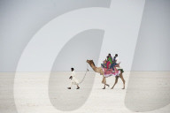 Indian family enjoying a camel ride in the white desert, a seasonal salt marsh in the Great Rann of Kutch, Kutch, Gujarat