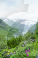 Waterfalls and mountain valleys viewed from Vatnahalsen, reached by the Flam Railway, Flamsbana. Flam, Norway
