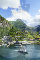 The village of Geiranger is an improtant cruise ship port at the head of Geirangerfjord, Norway. A UNESCO World Heritage Site