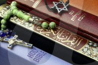 Christianity, Islam and Judaism : 3 monotheistic religions. Bible, Quran and Bible. Interfaith symbols.