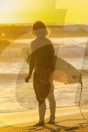 Surfer at sunset on this popular surf beach near Mal Pais on the Nicoya Peninsula; Playa Santa Teresa, Puntarenas, Costa Rica