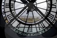 View through clock face from Musee D'Orsay toward Montmartre, Paris, France, Europe