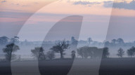 A view across fields on a misty morning towards the village of Martham, Norfolk, England, United Kingdom, Europe