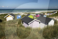 Colourful beach huts in sand dunes, Skanor Falsterbo, Falsterbo Peninsula, Skane, South Sweden, Sweden, Europe
