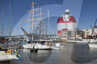 Lilla Bommen harbour with the Barken Viking ship and the Goteborgs-Utkiken building, Gothenburg, West Gothland, Sweden, Europe