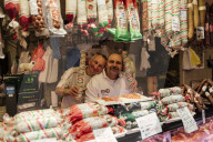 Detail of Salami stall, Central Market Hall, Budapest, Hungary