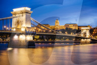 View across Danube River of Chain Bridge & Buda Castle at night, Budapest, Hungary