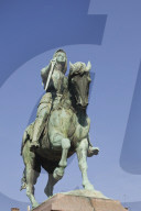 A statue of Joan of Arc riding her horse in Place du Martroi, Orleans.