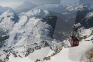View of Cable Car station, looking down from the summit of Lagazuoi (2,730m), Hidden valley ski area, Dolomites, UNESCO world heritage site Dolomites, South Tyrol, Italy.