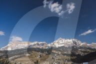 View of the Dolomites from La Ila,  Alta Badia, Dolomites, UNESCO world heritage site Dolomites, South Tyrol, Italy.