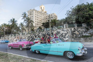 Classic American cars being used as taxis, locally known as 'almendrones' in Havana, Cuba.