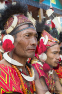 Naga tribal men in traditional clothing, Kisima Nagaland Hornbill festival, Kohima, Nagaland, India