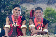 Naga tribal men in traditional clothing, Kisima Nagaland Hornbill festival, Kohima, Nagaland, India