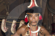 Naga tribal man in traditional outfit, Kisima Nagaland Hornbill festival, Kohima, Nagaland, India