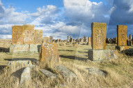 Medieval Khachkars carved memorial stele, Noratus cemetery, Sevan Lake, Gegharkunik province, Armenia, Caucasus, Asia