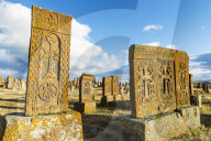 Medieval Khachkars carved memorial stele, Noratus cemetery, Sevan Lake, Gegharkunik province, Armenia, Caucasus, Asia