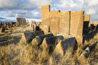 Medieval Khachkars carved memorial stele, Noratus cemetery, Sevan Lake, Gegharkunik province, Armenia, Caucasus, Asia