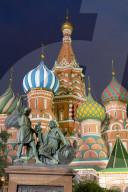 Saint Basil's Cathedral and the statue of Kuzma Minin and Dmitry Posharsky lit up at night, Moscow, Russian Federation