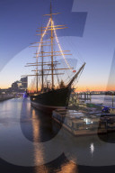 Rickmer Rickmers museum ship and Elbphilharmonie at sunrise, HafenCity, Hamburg, Hanseatic City, Germany