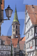 Half-timbered houses at market place, municipal church, Schorndorf, Baden Wuerttemberg, Germany