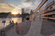 Rambla del Mar at Port Vell, Edificio Colon Tower and Columbus Monument, Monument a Colom, Barcelona, Catalonia, Spain