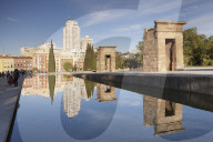 Temple of Debod (Templo de Debod), Parque del Oeste, Edificio Espana tower in the background, Madrid, Spain