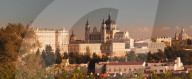 Royal Palace (Palacio Real) and Almudena Cathetral (Santa Maria la Real de La Almudena) at sunset, Madrid, Spain