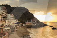 Pebbly cove with fishermen's houses at sunrise, Palamos, Costa Brava, Girona, Catalonia, Spain, Europe