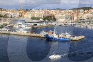 Town centre, fishing boats and pleasure craft, from the sea, Palamos, Costa Brava, Girona, Catalonia, Spain, Europe