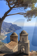 Iconic Amalfi Coast, church and umbrella pine from Villa Rufolo Gardens, Ravello, UNESCO World Heritage Site, Campania, Italy