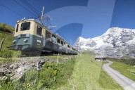 The Wengernalpbahn rack railway runs across meadows and snowy peaks, Wengen, Bernese Oberland, Canton of Bern, Switzerland, Europe