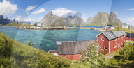 Panorama of turquoise sea and typical fishing village surrounded by rocky peaks, Sakrisoy, Reine, Moskenesoya, Lofoten Islands, Norway, Scandinavia, Europe