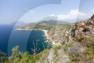 Top view of turquoise sea and sandy beach framed by green vegetation on the promontory Porto Southern Corsica France Europe