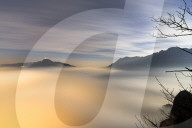 Fog and clouds at dawn seen from Monte San Martino Province of Lecco Lombardy Italy Europe