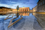Thorvaldsens Museum reflected in the fountain of Bertel Thorvaldsen's Square at night, Copenhagen, Denmark