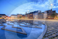 Fountain at night in Bertel Thorvaldsen's Square where Thorvaldsens Museum is located, Copenhagen, Denmark