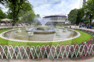 Fountains and the Concert Hall in the background, Tivoli Gardens, Copenhagen, Denmark