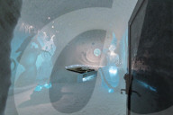Double bed and sculptures, Ice Hotel, Jukkasjarvi, Kiruna, Norrbotten County, Lapland, Sweden