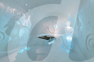Double bed and sculptures, Ice Hotel, Jukkasjarvi, Kiruna, Norrbotten County, Lapland, Sweden