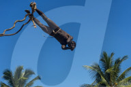 Man jumping from a bamboo tower, Pentecost land diving, Pentecost, Vanuatu