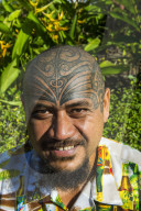 Man with traditional Marquesa tatoos on his head, Papeete, Tahiti, French Polynesia