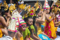 Pilgrims praying in the Pura Ulun Danu Bratan temple, Bali, Indonesia